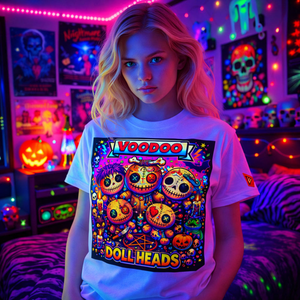 Person wearing a t-shirt with 'Voodoo Doll Heads' design in a colorful, neon-lit room.