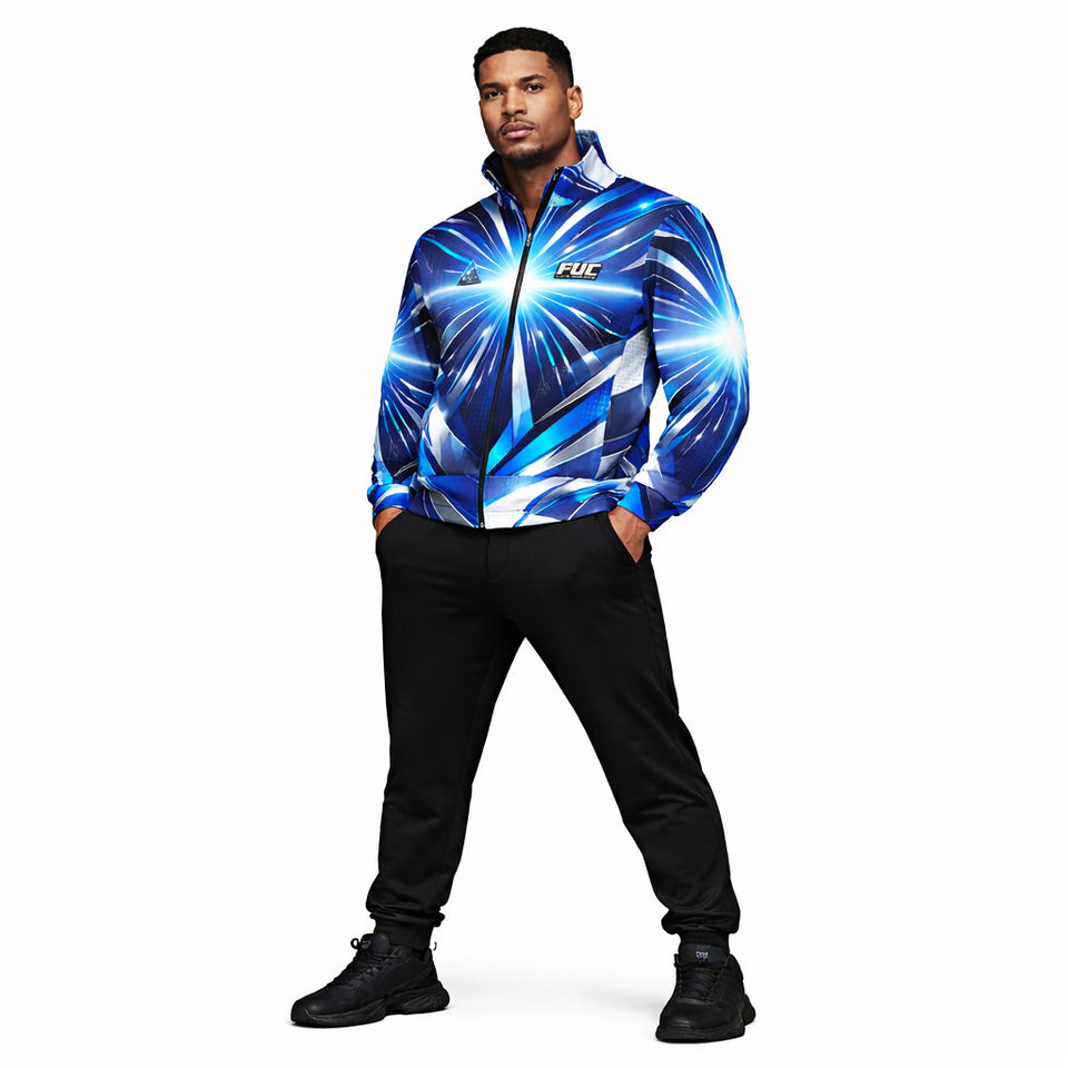 Man wearing a blue and white patterned jacket with a brand logo on a white background