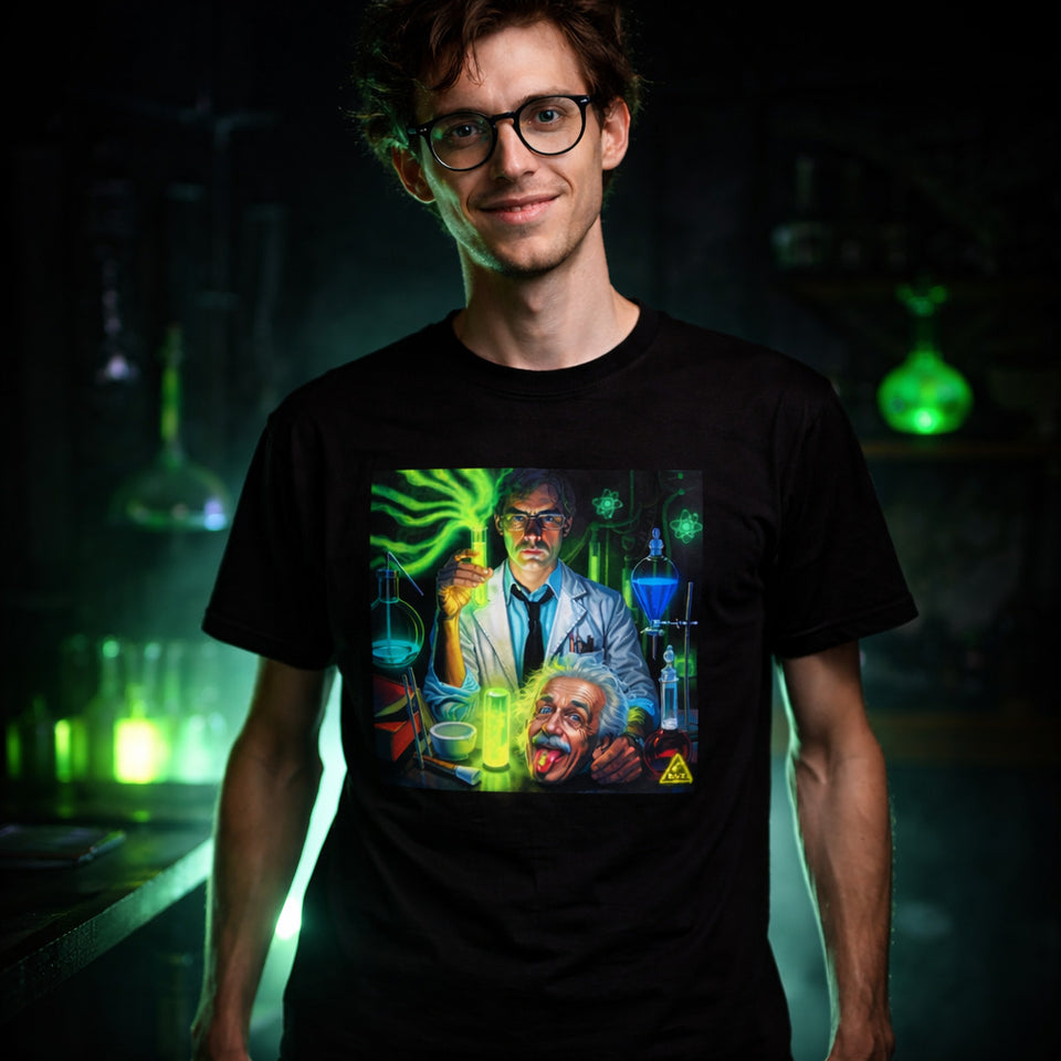 Person wearing a black t-shirt with a graphic design of scientists and a green glowing element.