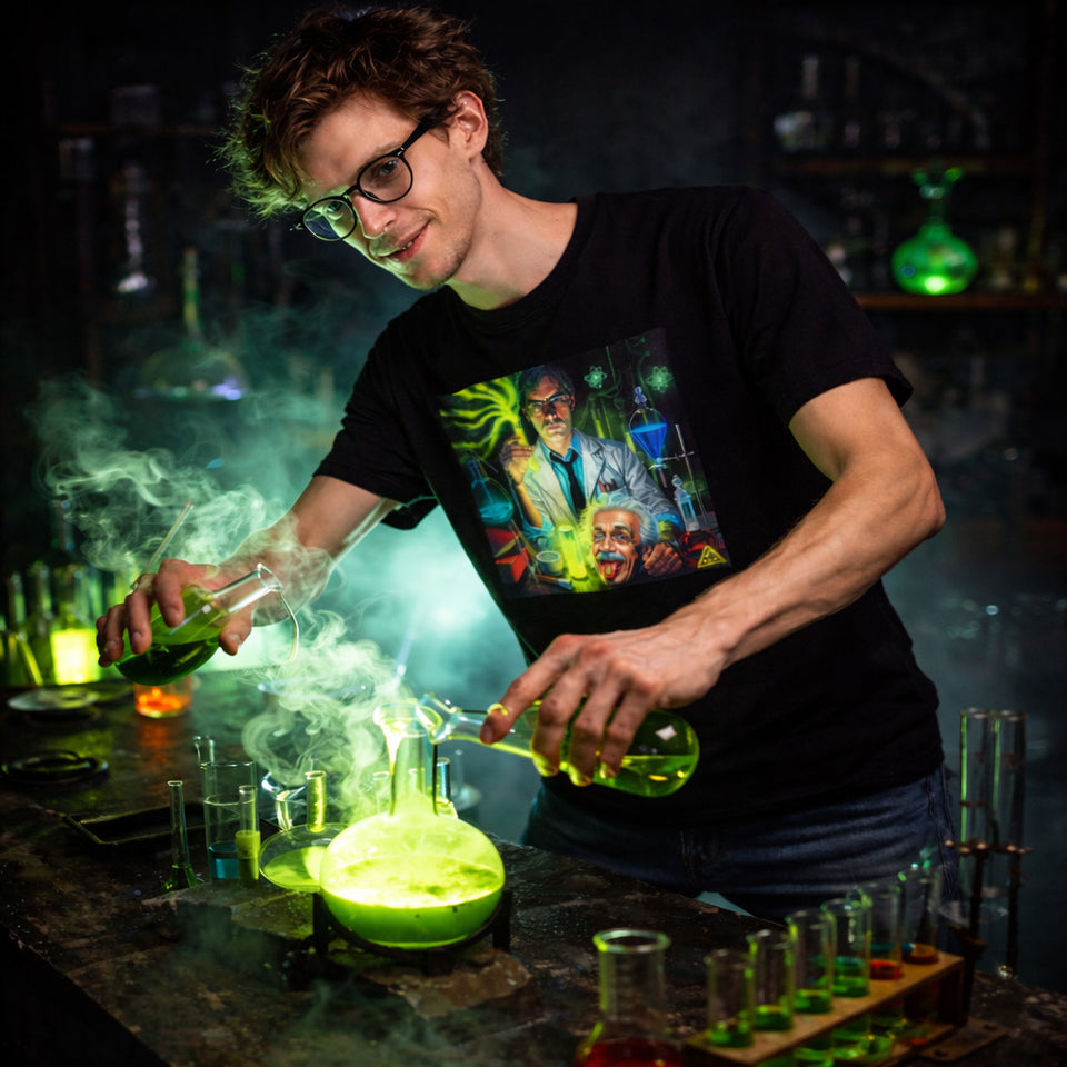 Person in a black t-shirt with a graphic design, conducting a science experiment with green liquids in a laboratory setting.