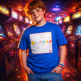 Person wearing a blue t-shirt with colorful graphics in an arcade setting