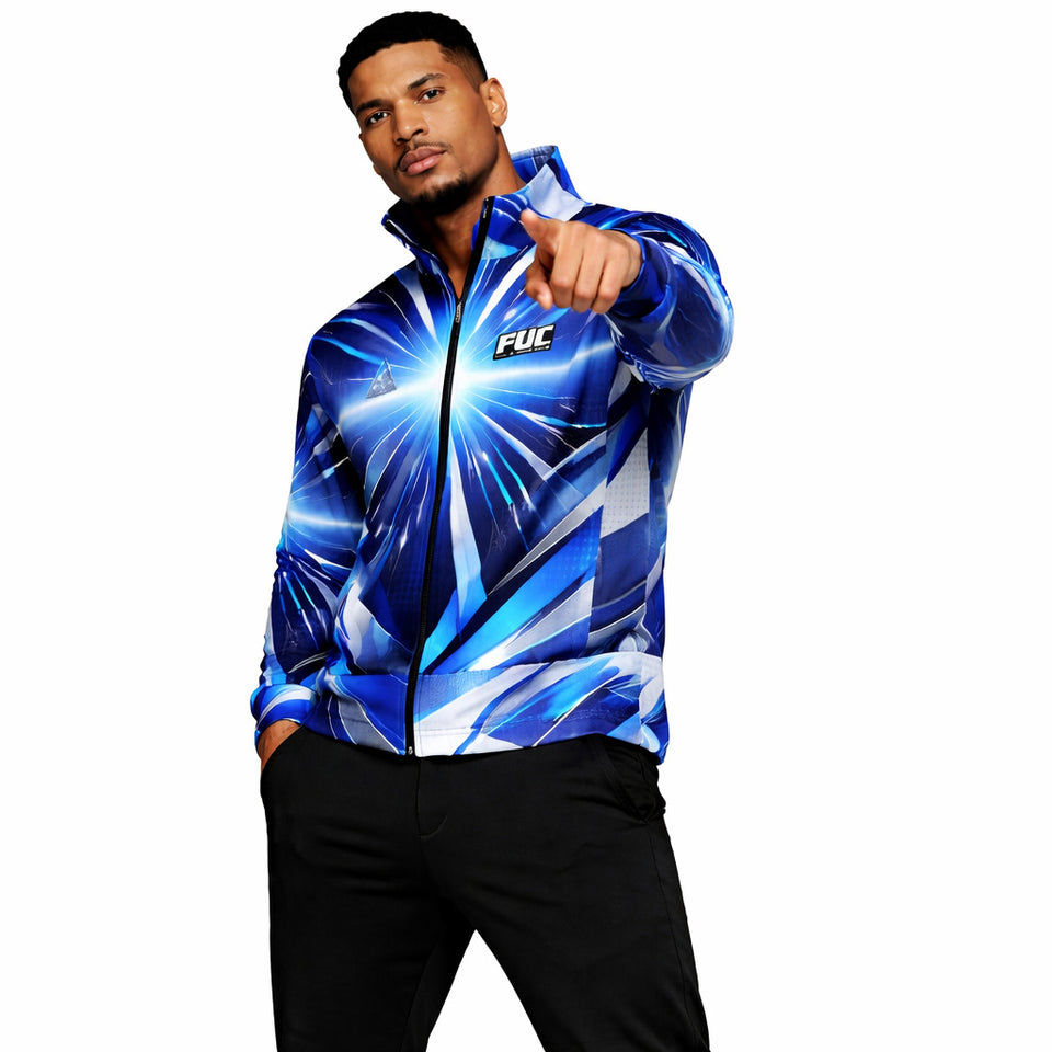 Man wearing a blue and white jacket with a brand logo on a white background