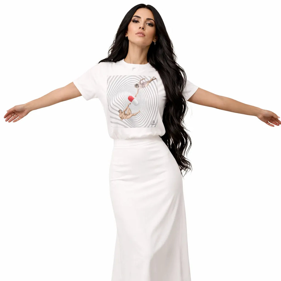 Woman wearing a white outfit with a graphic design on a white background