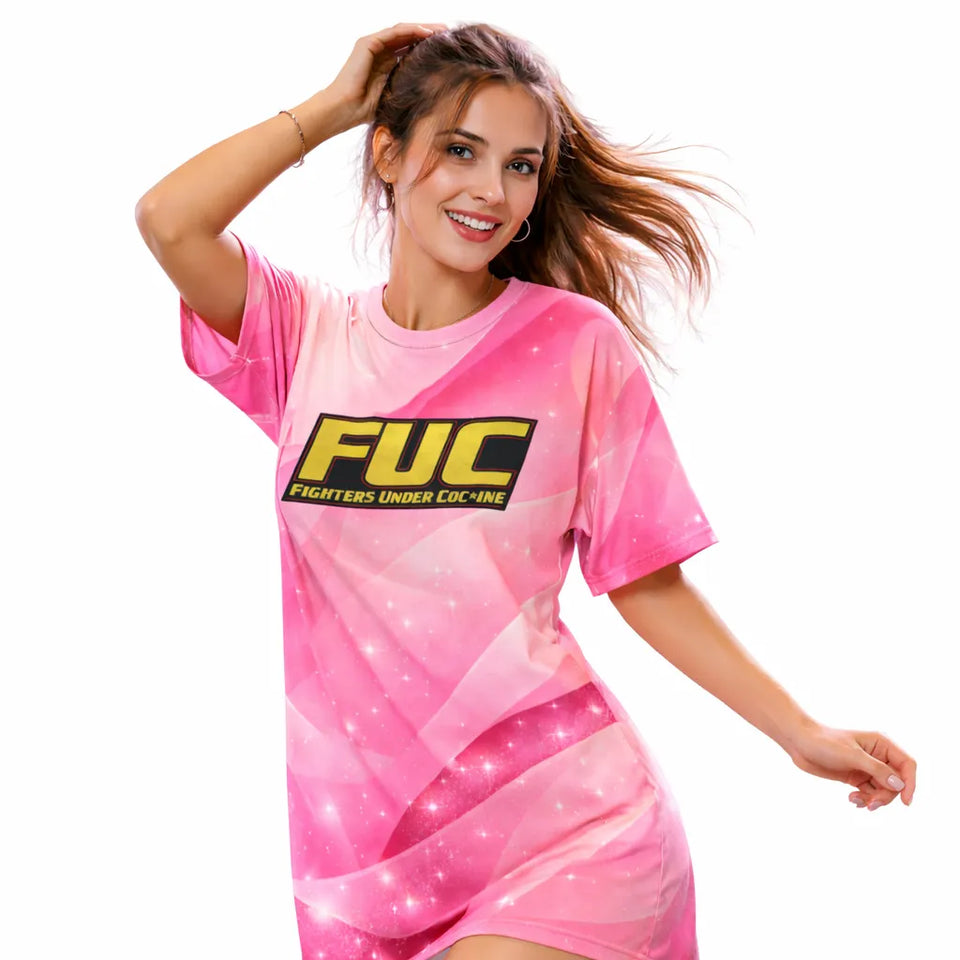 Woman wearing a pink t-shirt with 'FUC' logo on a white background