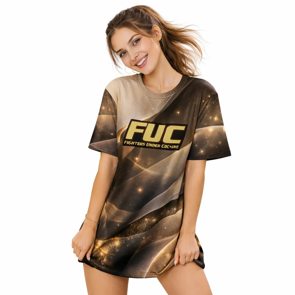 Woman wearing a graphic t-shirt with 'FUC' text on a white background