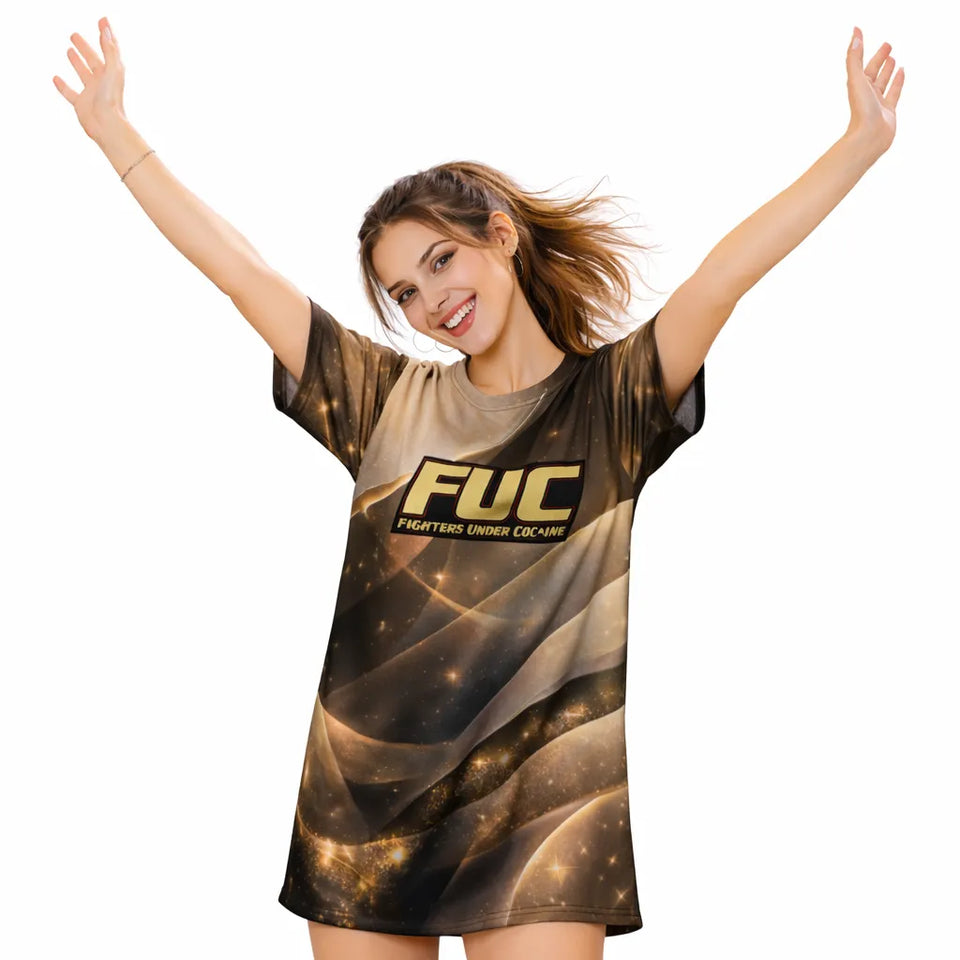 Woman wearing a black and gold dress with 'FUC' text on a white background