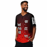 Man wearing a red and black baseball jersey with text on a white background