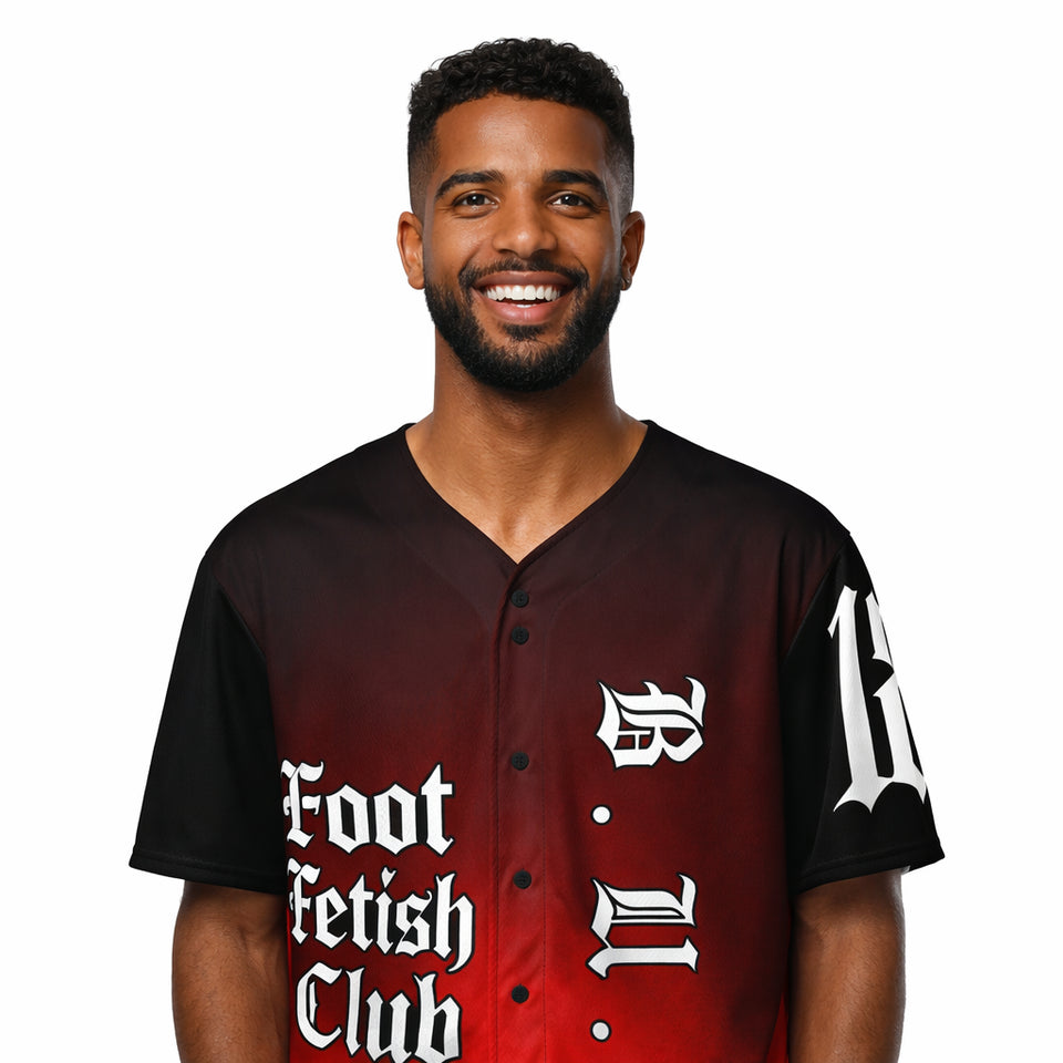 Man wearing a baseball jersey with text and logos on a white background