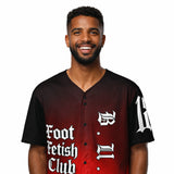 Man wearing a baseball jersey with text and logos on a white background