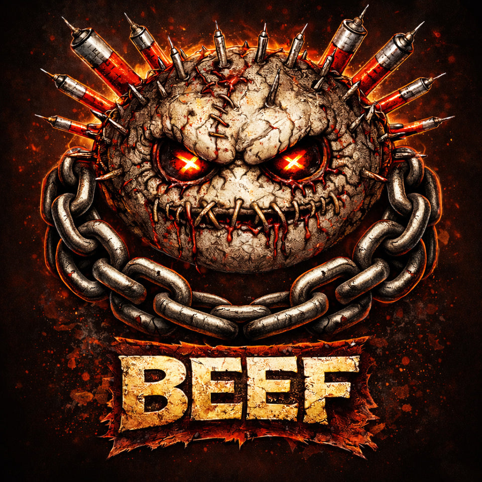 Grunty beef head with glowing eyes, chains, and the word 'BEEF' on a dark background