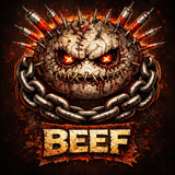 Grunty beef head with glowing eyes, chains, and the word 'BEEF' on a dark background