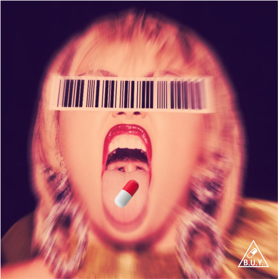 Person with a bar code over their eyes and a pill in their mouth on a dark background