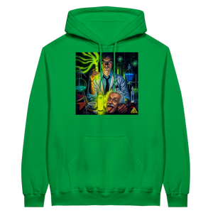 Green hoodie with a graphic of a scientist and a smoking character on a white background