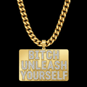 White t-shirt with gold chain and 'BITCH UNLEASH YOURSELF' text on a white background