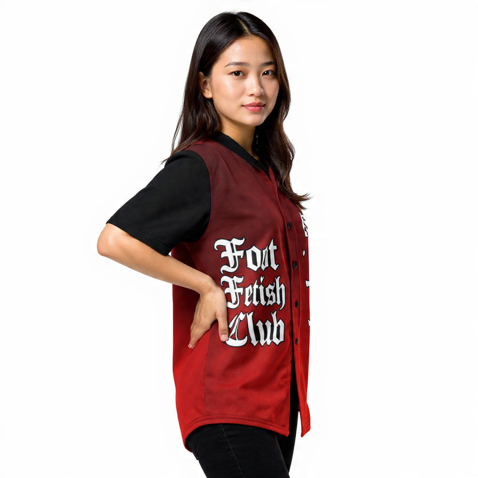 Person wearing a red and black jacket with 'Foot Fetish Club' text on a white background