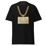 Black t-shirt with gold chain and 'Bitch Unleash Yourself' pendant on a white background