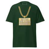 Green t-shirt with gold chain and 'Bitch Unleash Yourself' text on a white background