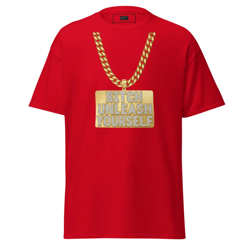 Red t-shirt with a gold chain and 'Bitch Unleash Yourself' text on a white background