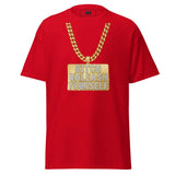 Red t-shirt with a gold chain and 'Bitch Unleash Yourself' text on a white background